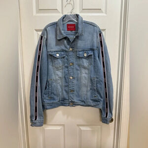 Guess Women’s Size Large Boyfriend Denim Jean Jacket With Logo Stripe Sleeves
